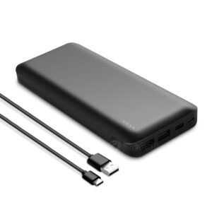 Black 20000mAh portable power bank with dual input (Micro USB, USB-C) and dual output (USB-A, USB-C) ports, shown with a USB-C charging cable on a white background.