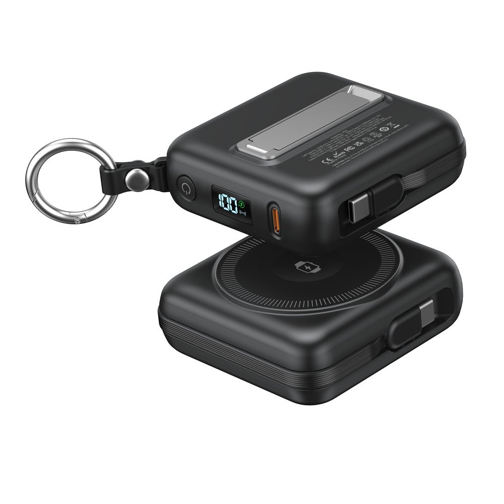 10,000mAh Power Bank with Built-In USB-C Cable, USB-C Port, Wireless Charging & Stand